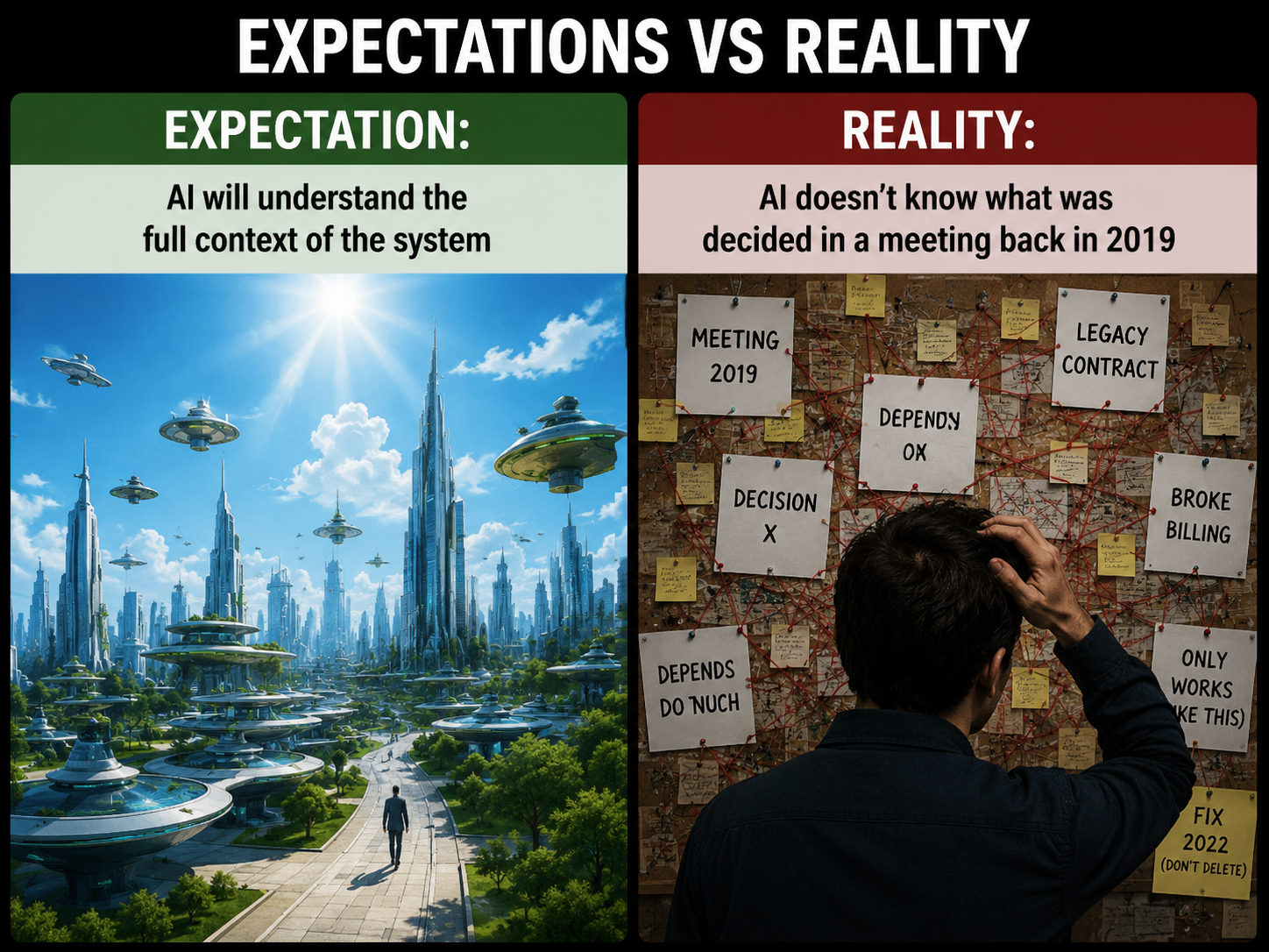 Expectations vs Reality: AI will understand the full context of the system vs AI doesn't know what was decided in a meeting back in 2019