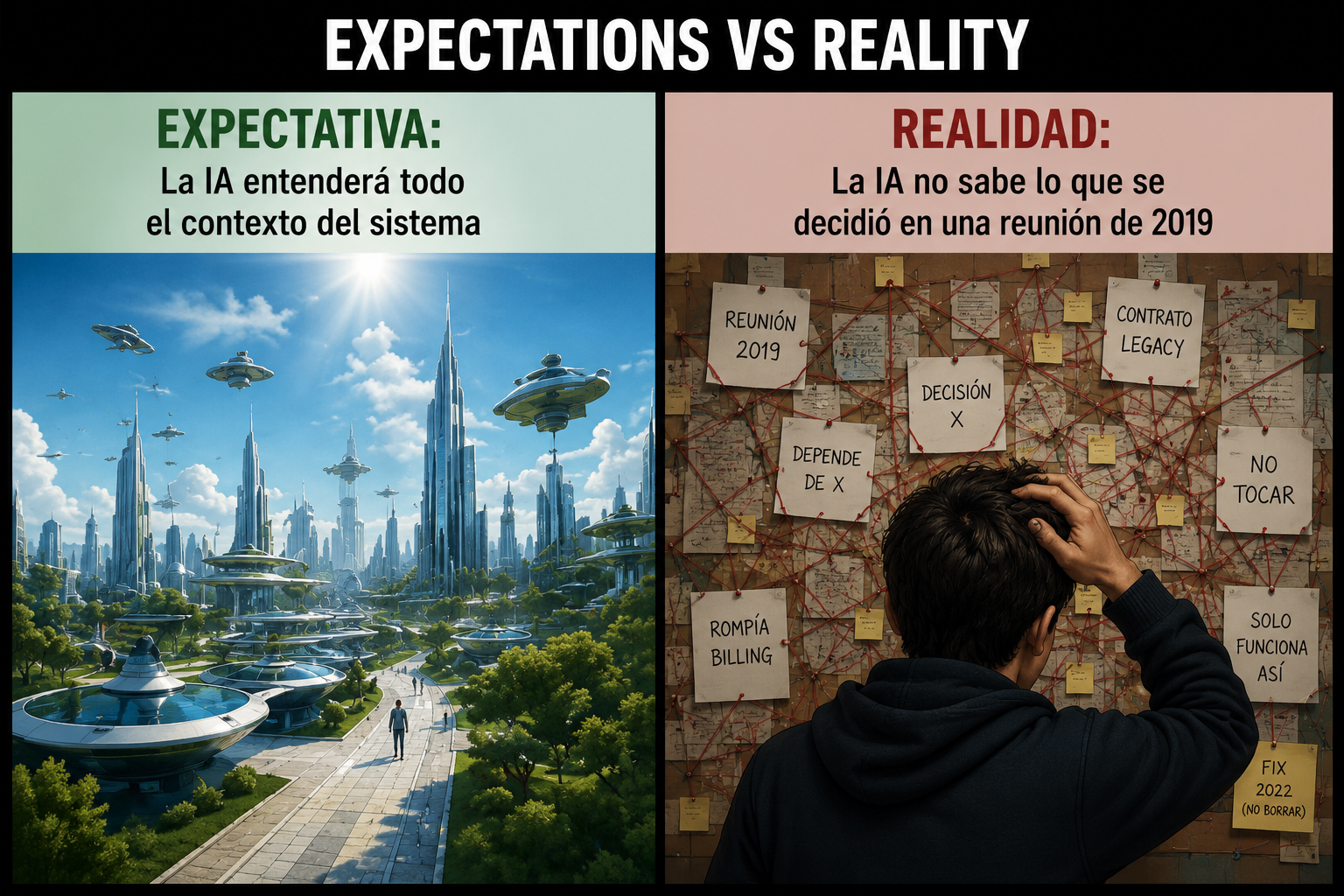 Expectativa: la IA entenderá todo el contexto del sistema. Realidad: la IA no sabe lo que se decidió en una reunión de 2019